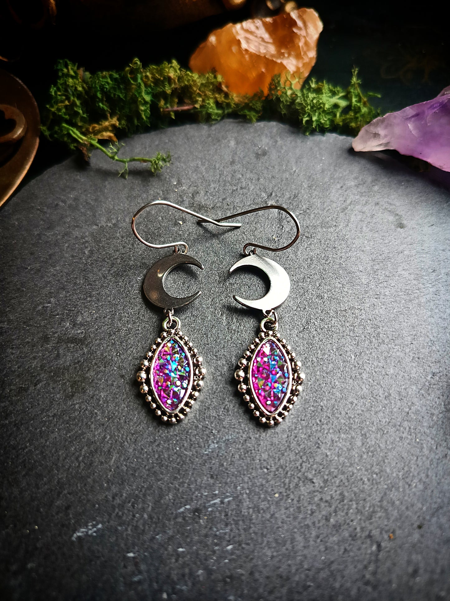 Druzy Crescent Moon Earrings