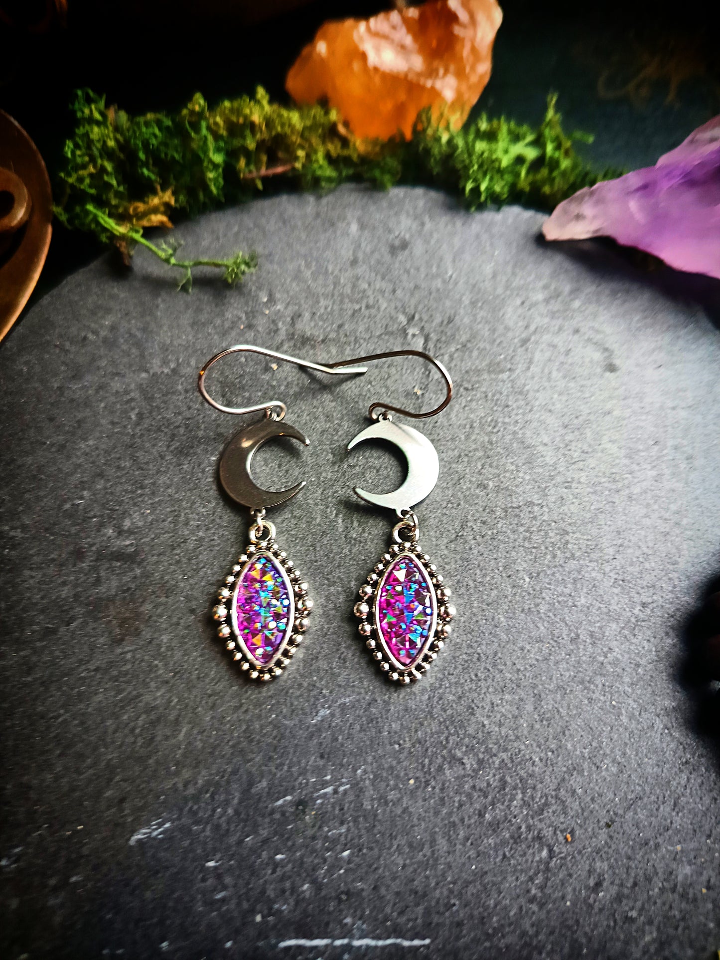 Druzy Crescent Moon Earrings