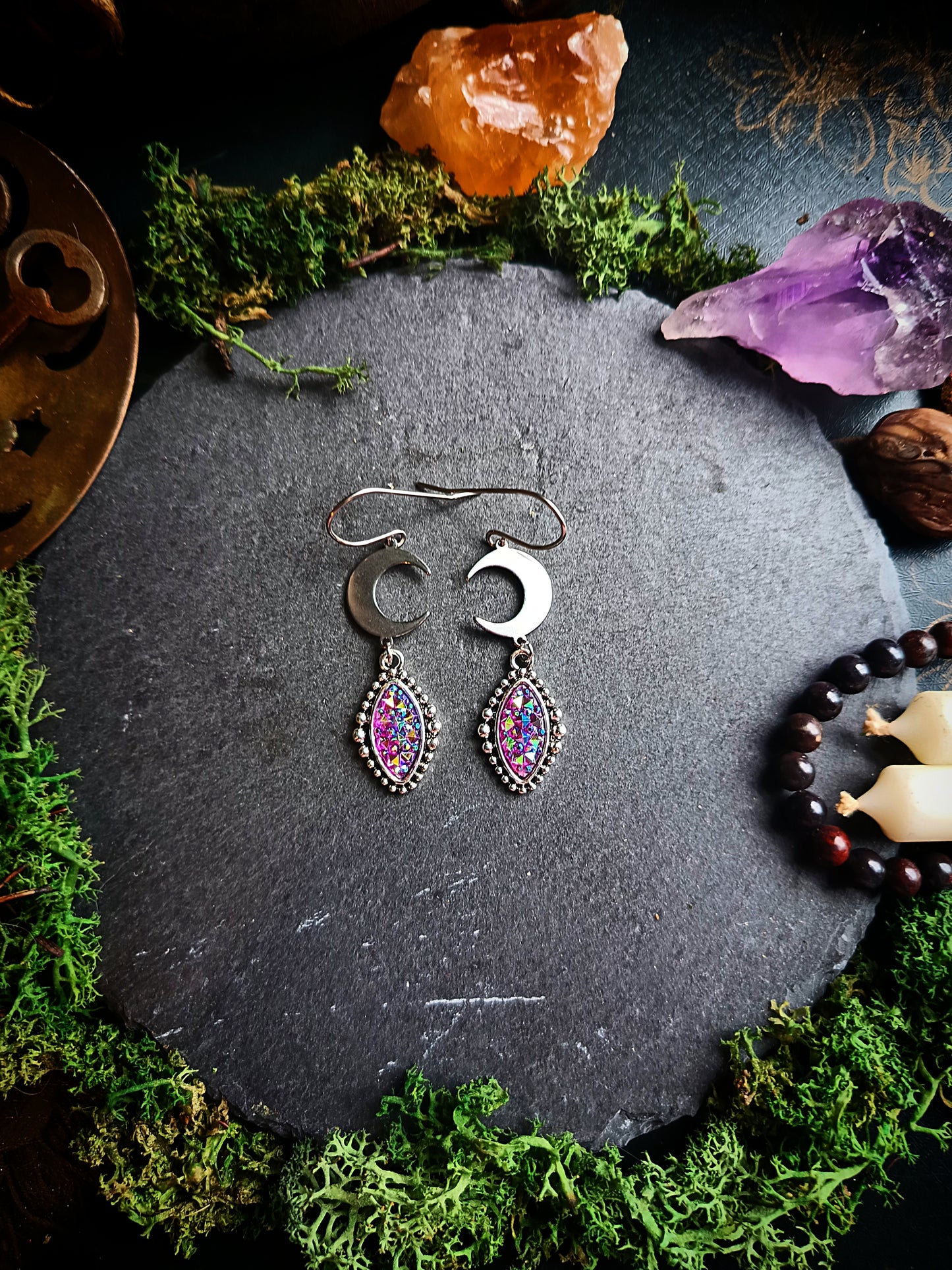 Druzy Crescent Moon Earrings