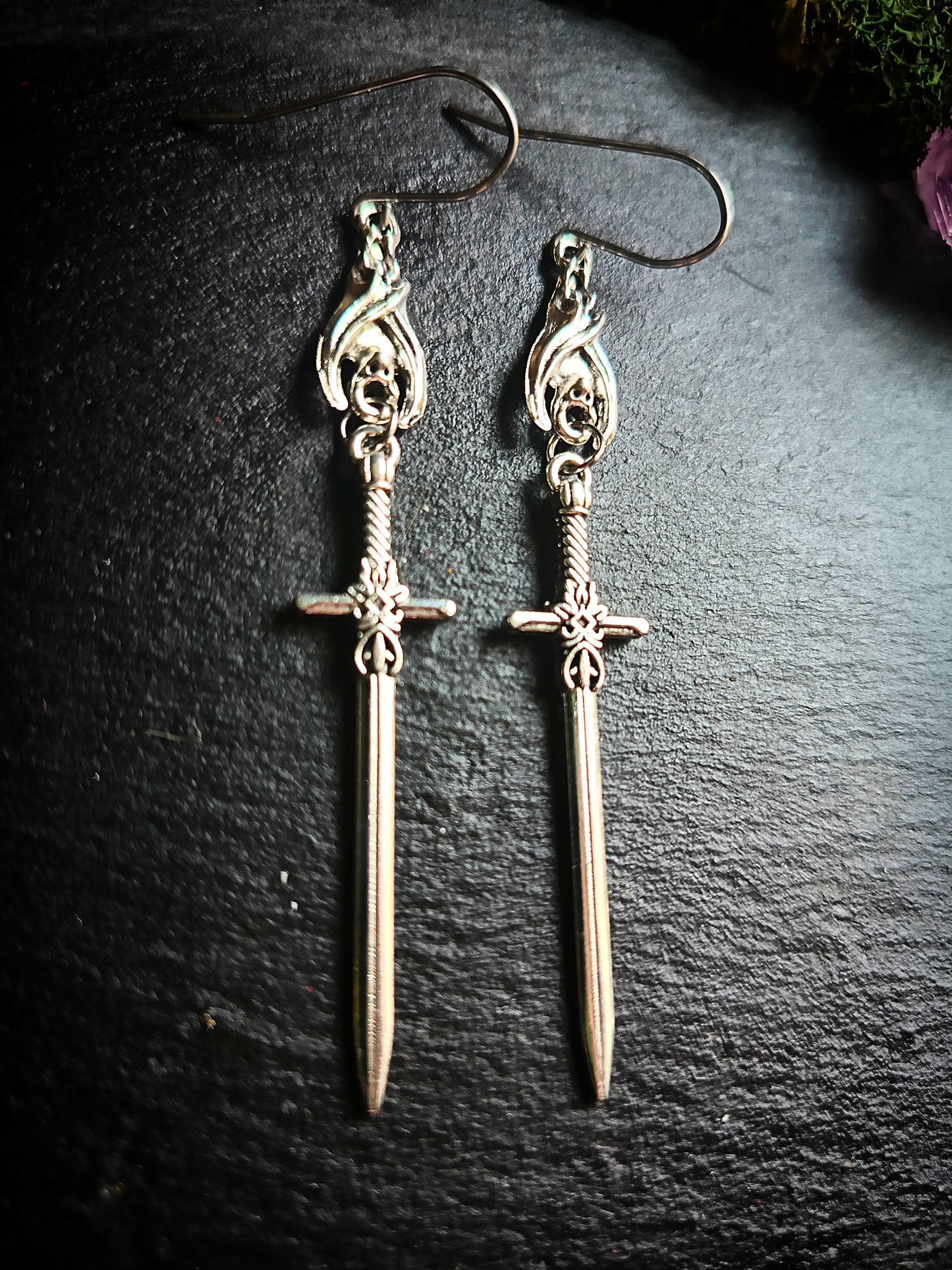 Silver Bat Sword Earrings