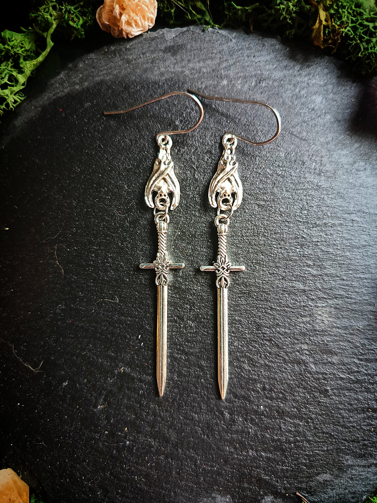 Silver Bat Sword Earrings