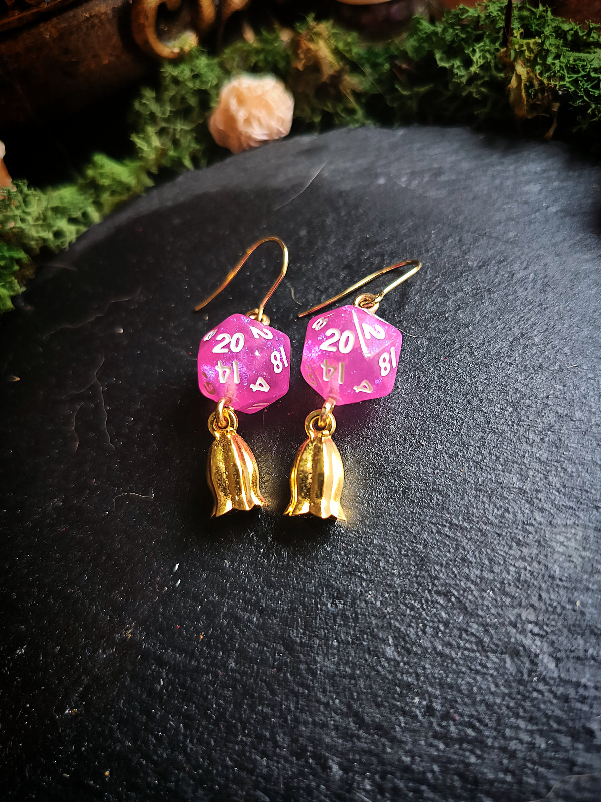 Pink d20 Bell Flower Earrings