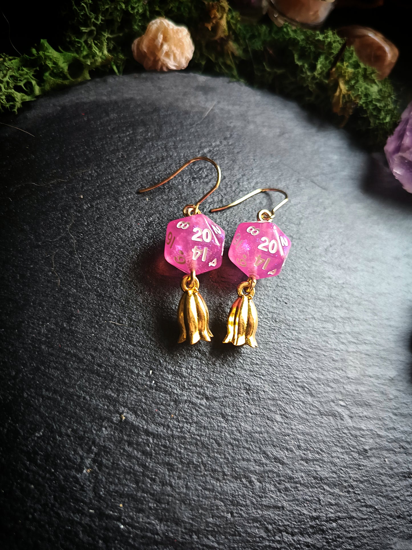 Pink d20 Bell Flower Earrings