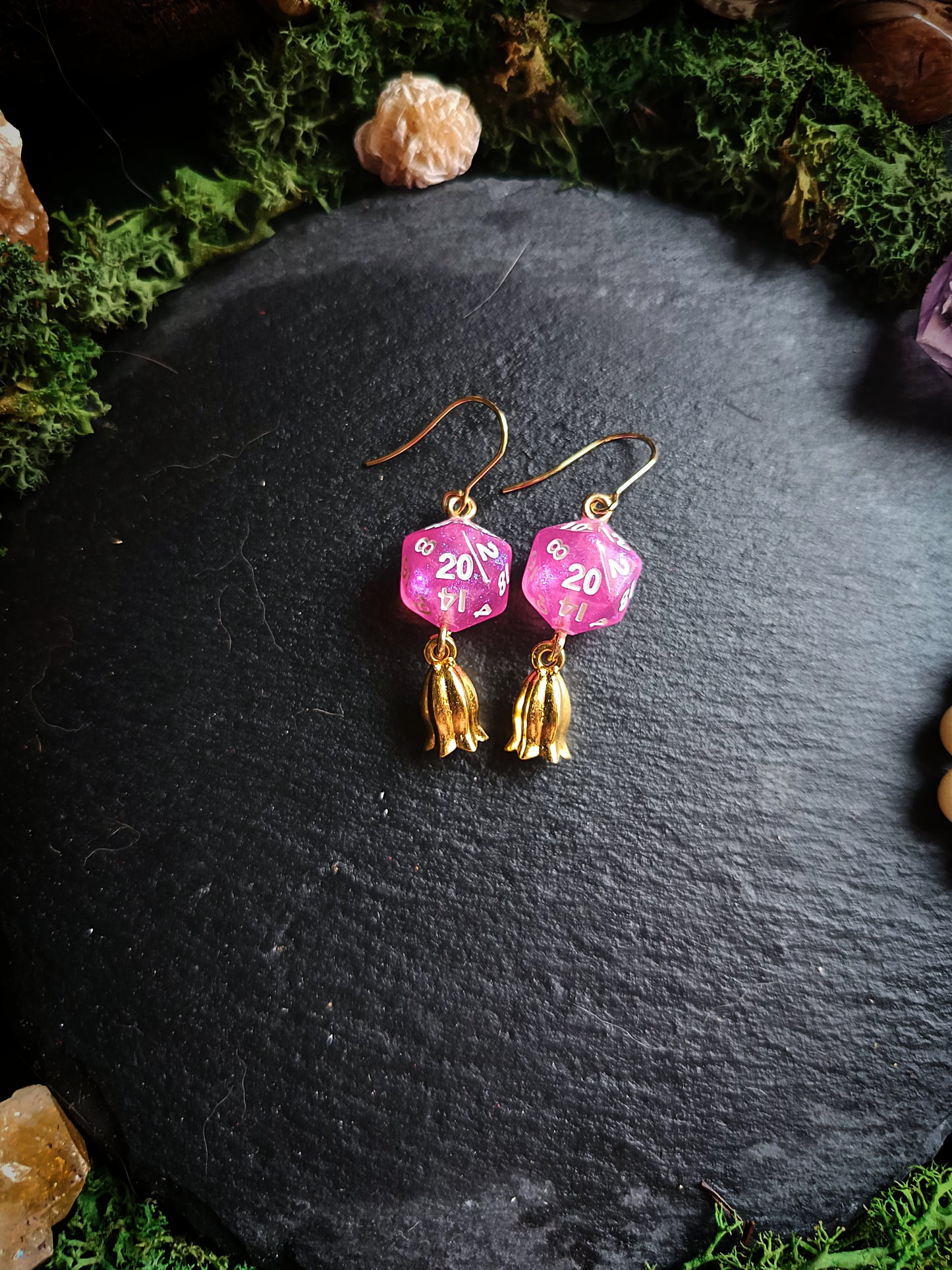 Pink d20 Bell Flower Earrings