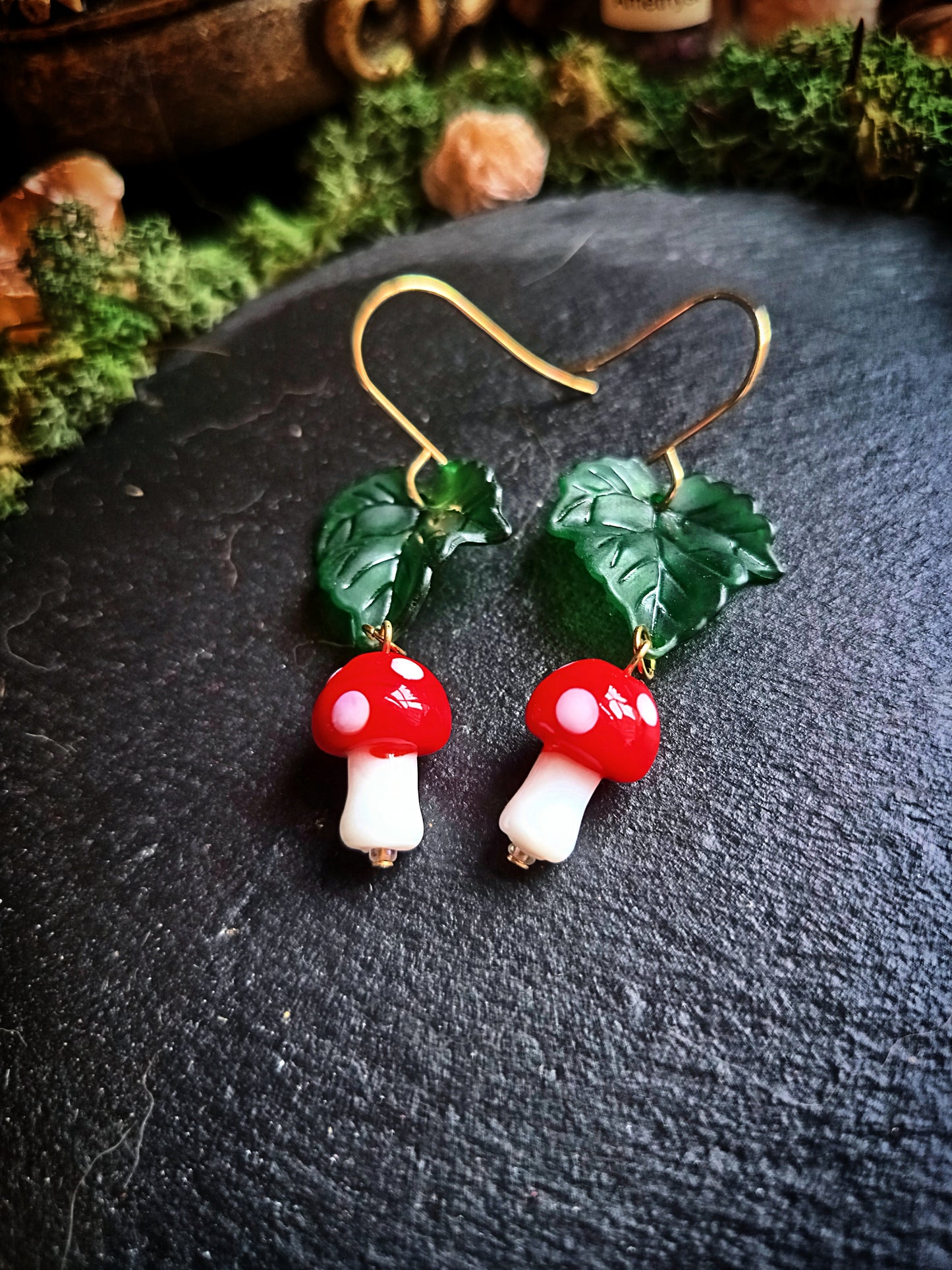 Mushroom and Leaf Dangle Earrings