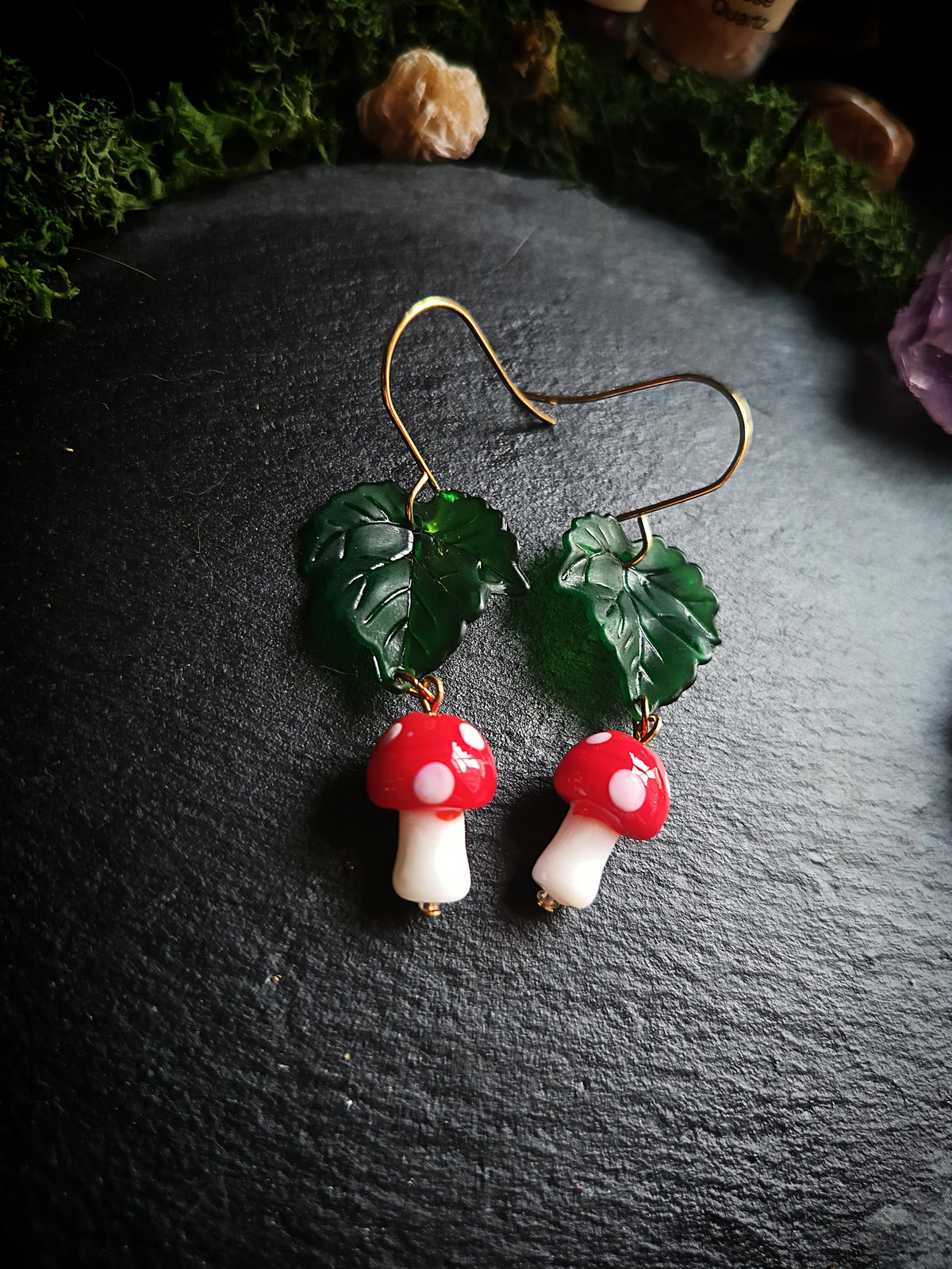 Mushroom and Leaf Dangle Earrings