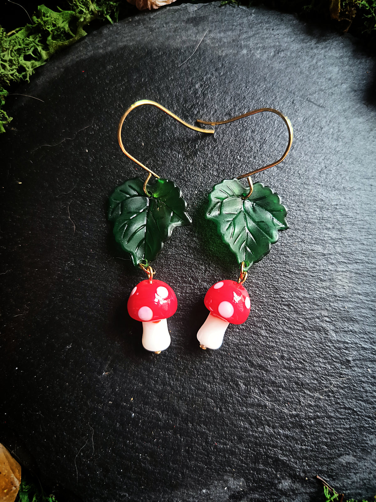 Mushroom and Leaf Dangle Earrings