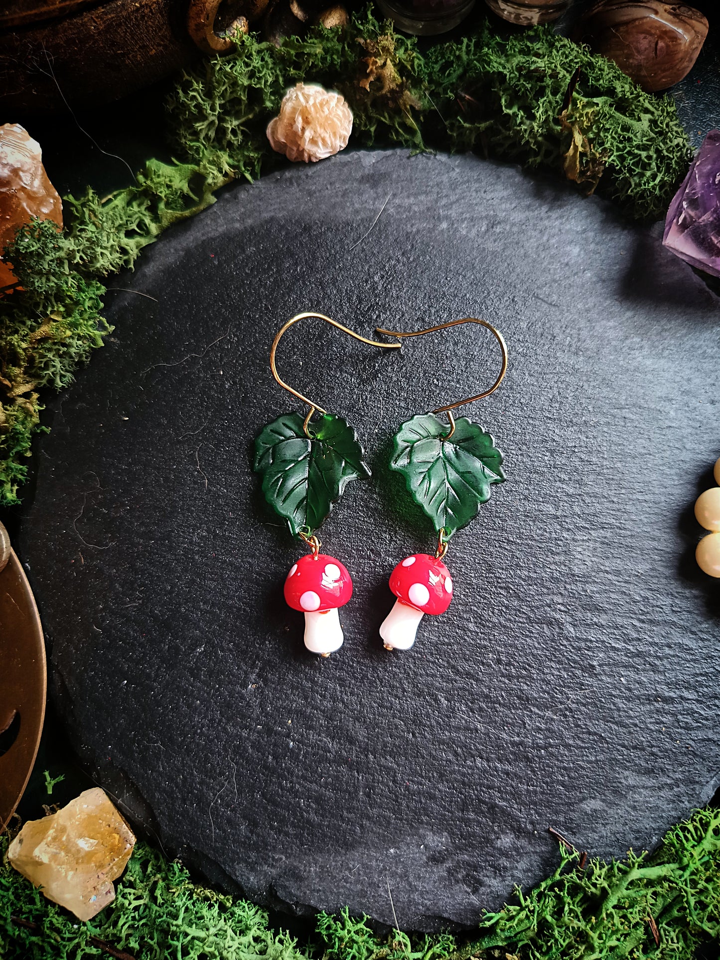 Mushroom and Leaf Dangle Earrings