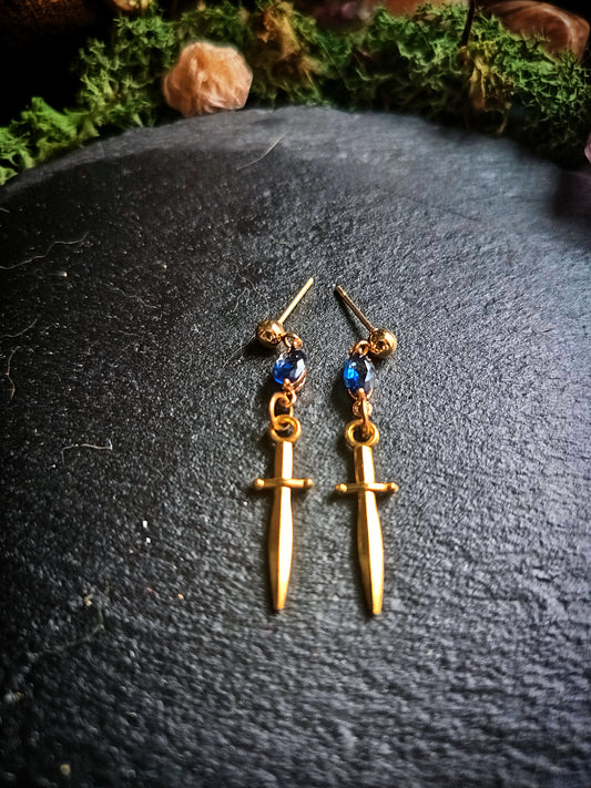 Blue Gem Gold Dagger Earrings
