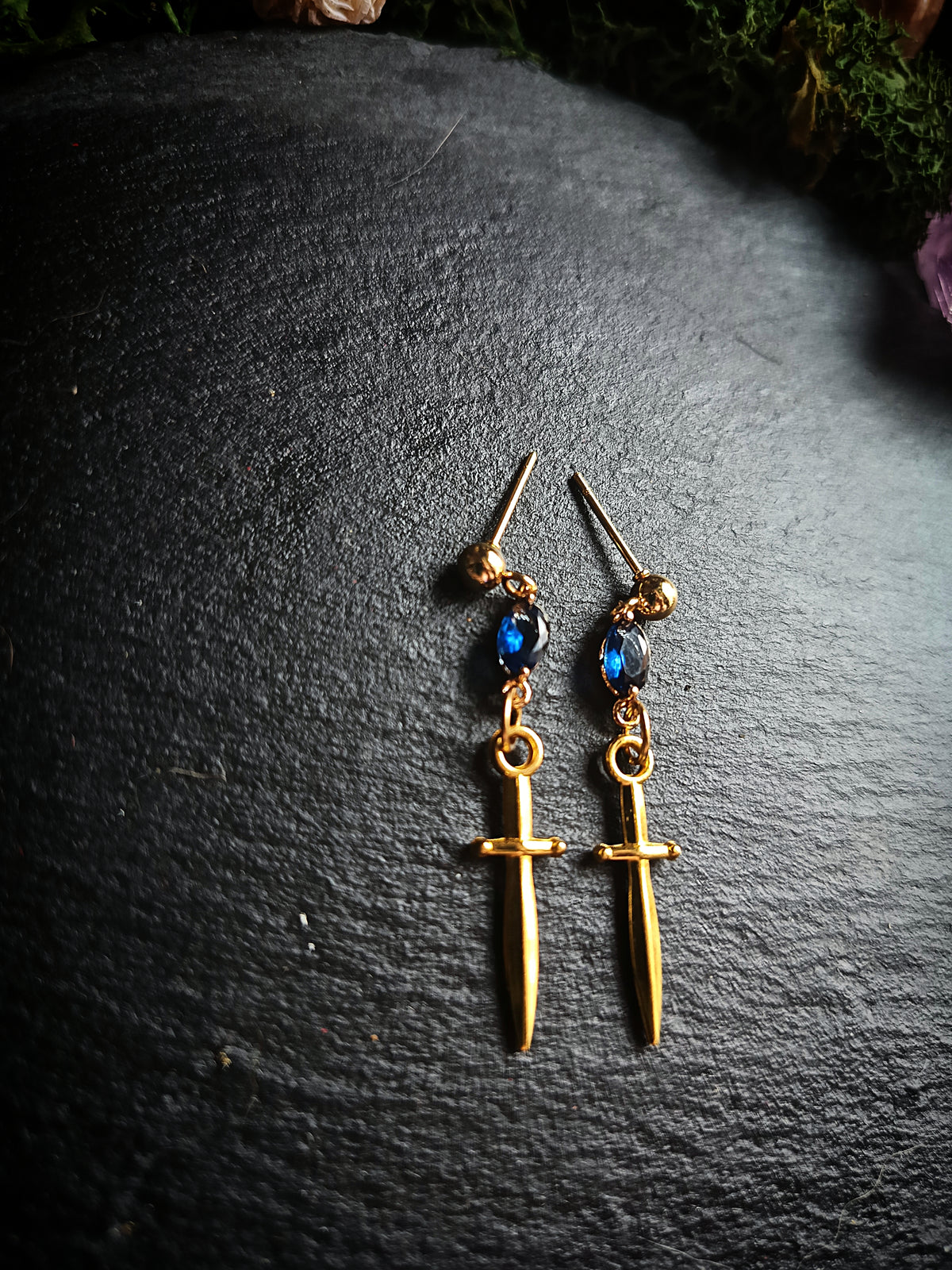 Blue Gem Gold Dagger Earrings