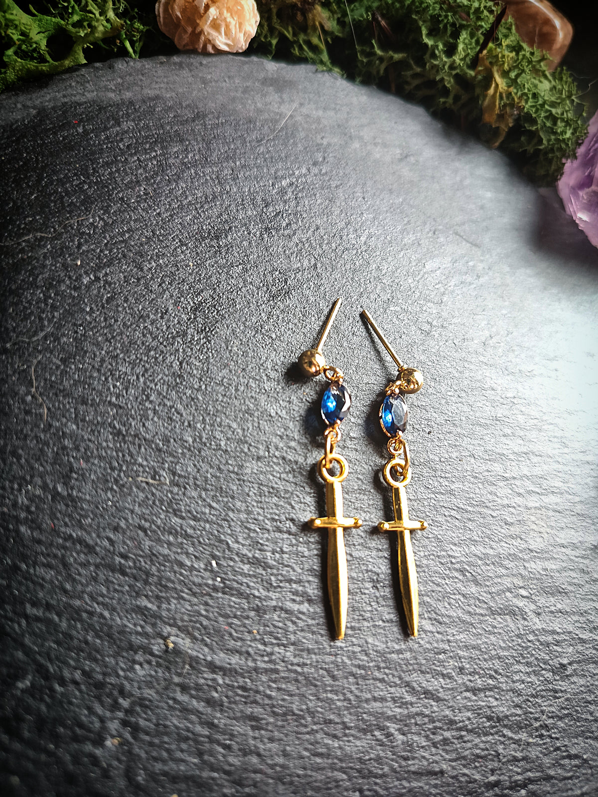 Blue Gem Gold Dagger Earrings