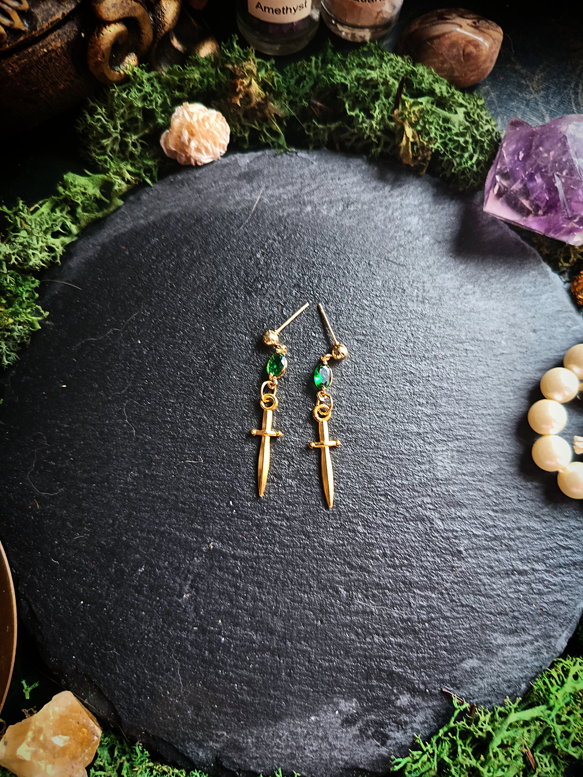 Green Gem Gold Dagger Earrings