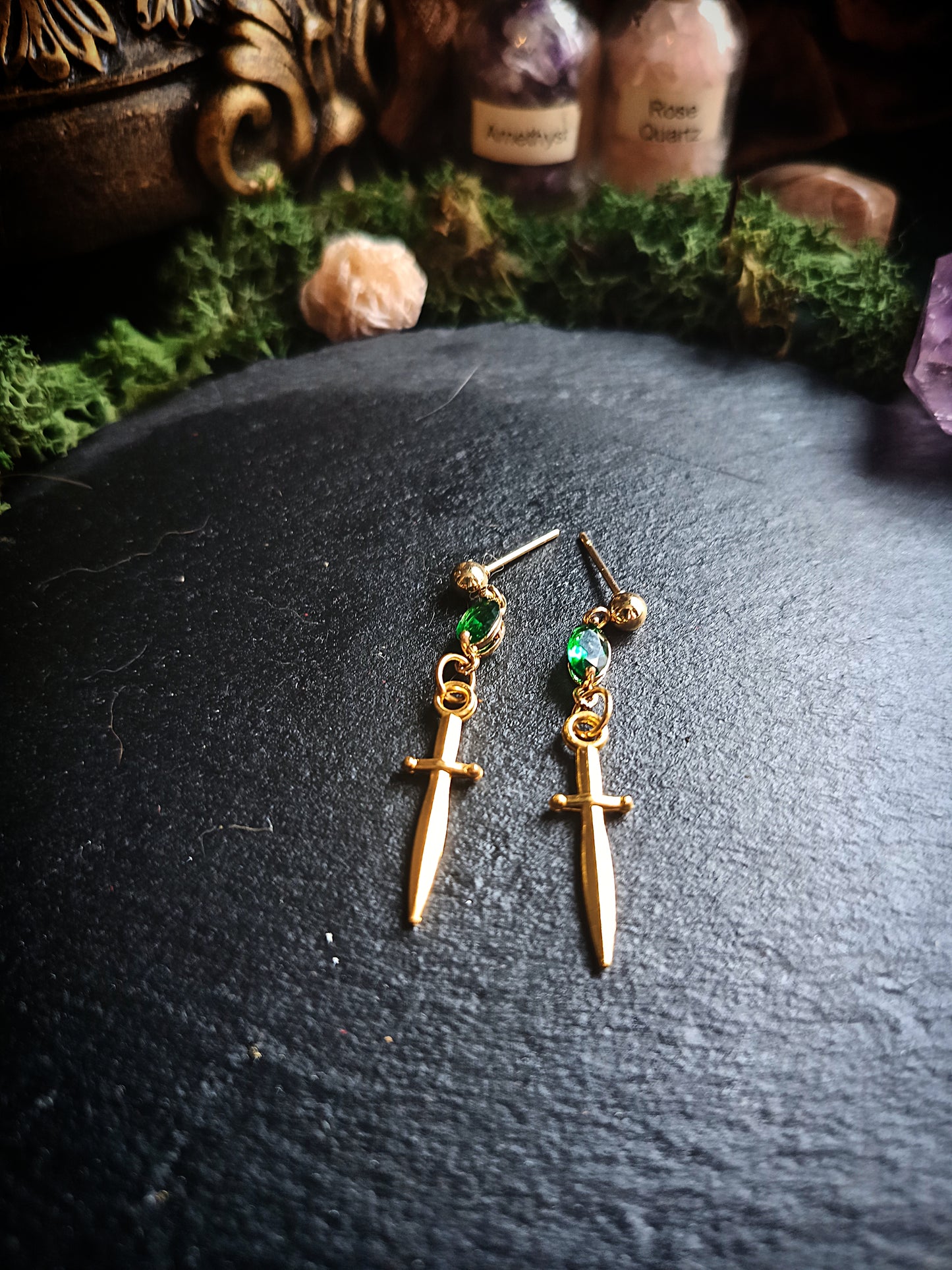 Green Gem Gold Dagger Earrings