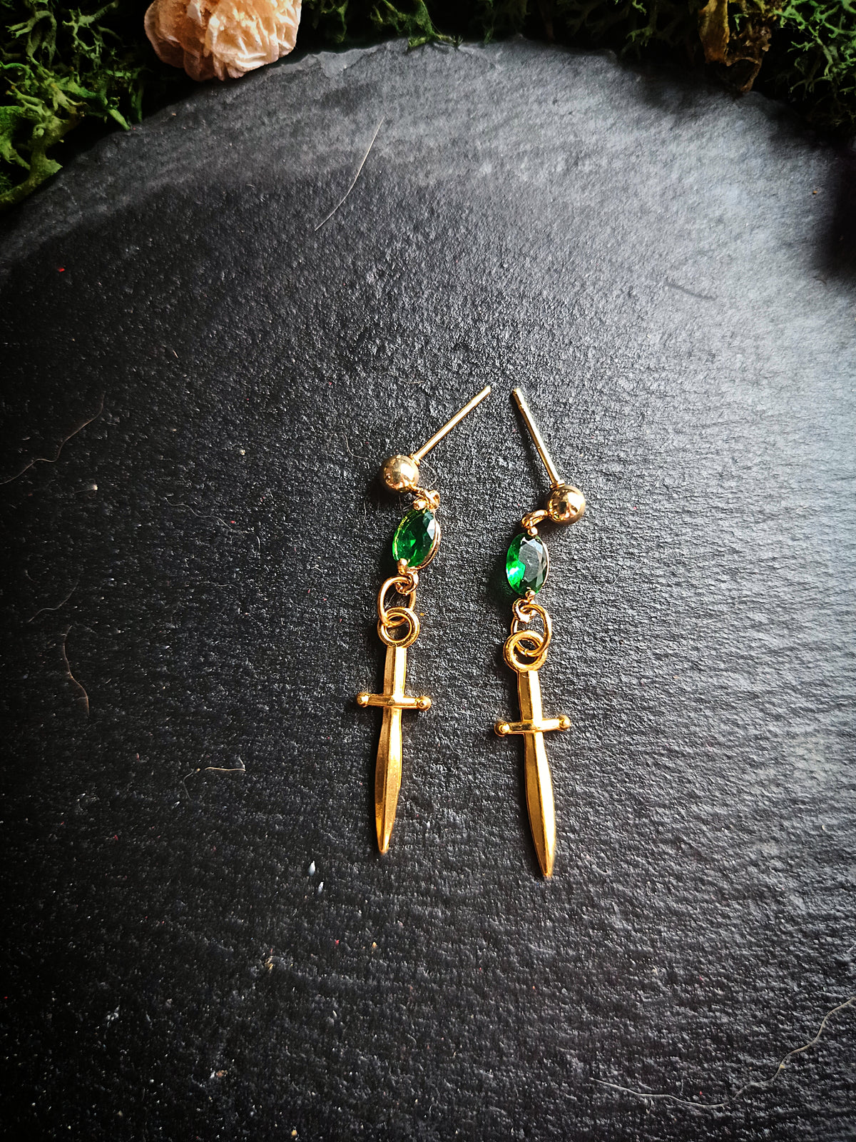 Green Gem Gold Dagger Earrings