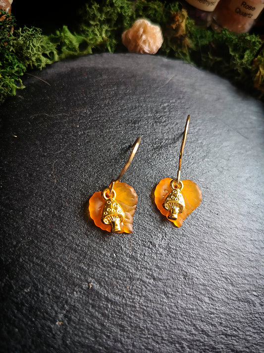 Orange and Gold Mini Mushroom and Leaf Earrings