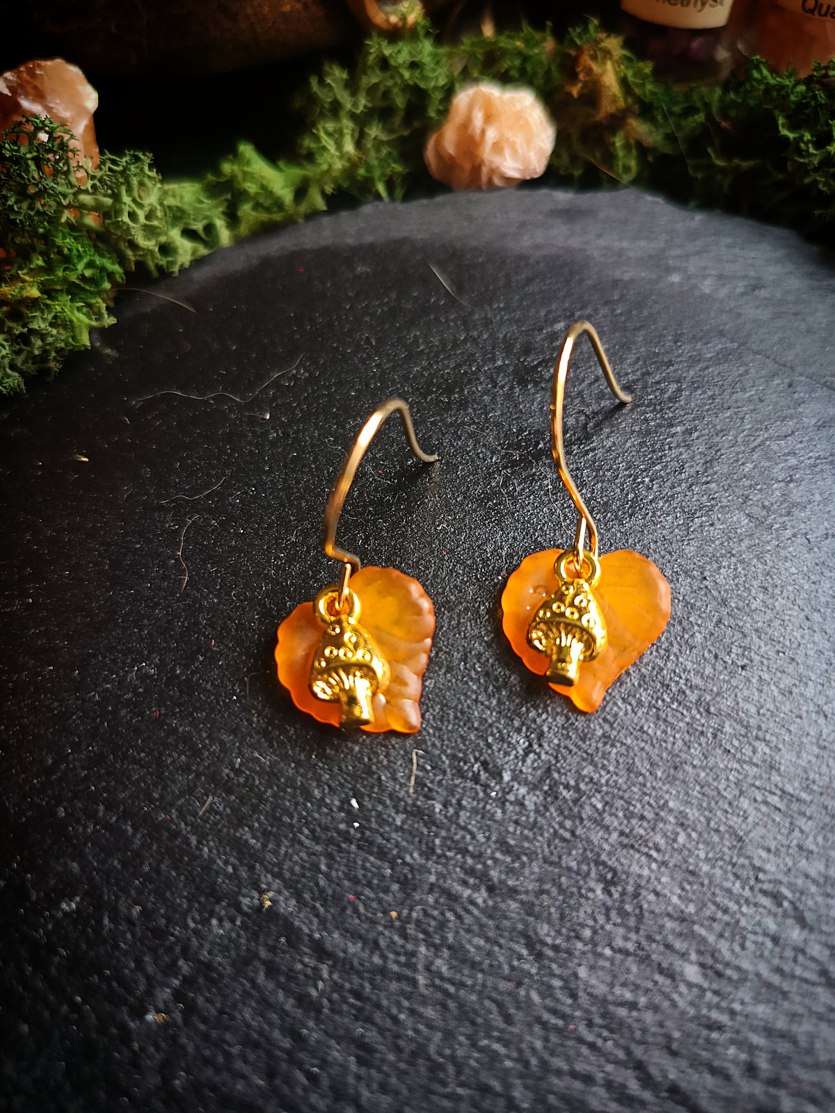 Orange and Gold Mini Mushroom and Leaf Earrings