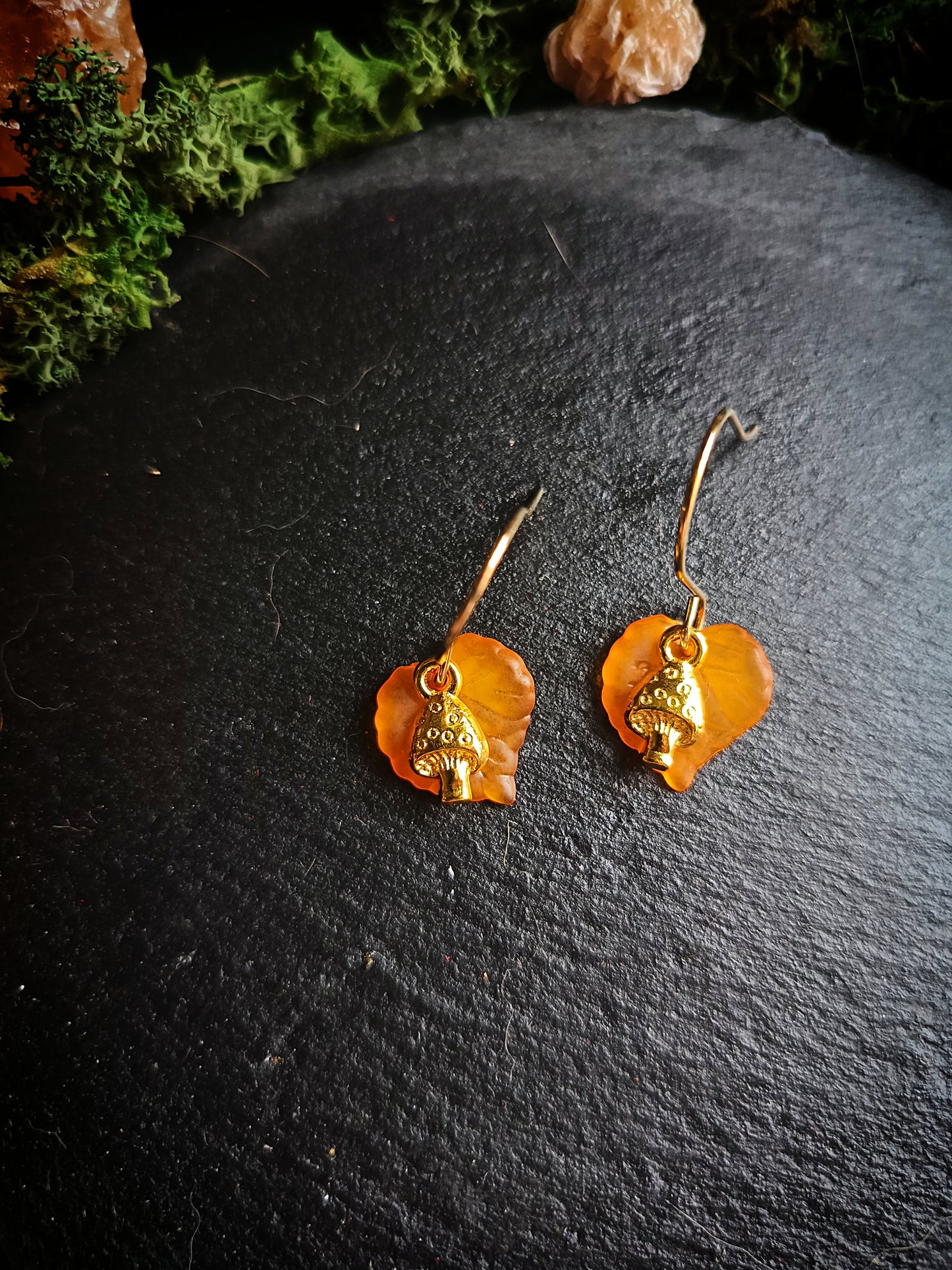 Orange and Gold Mini Mushroom and Leaf Earrings
