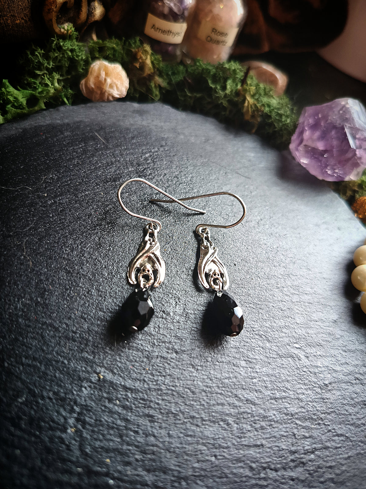 Black Teardrop Bat Earrings