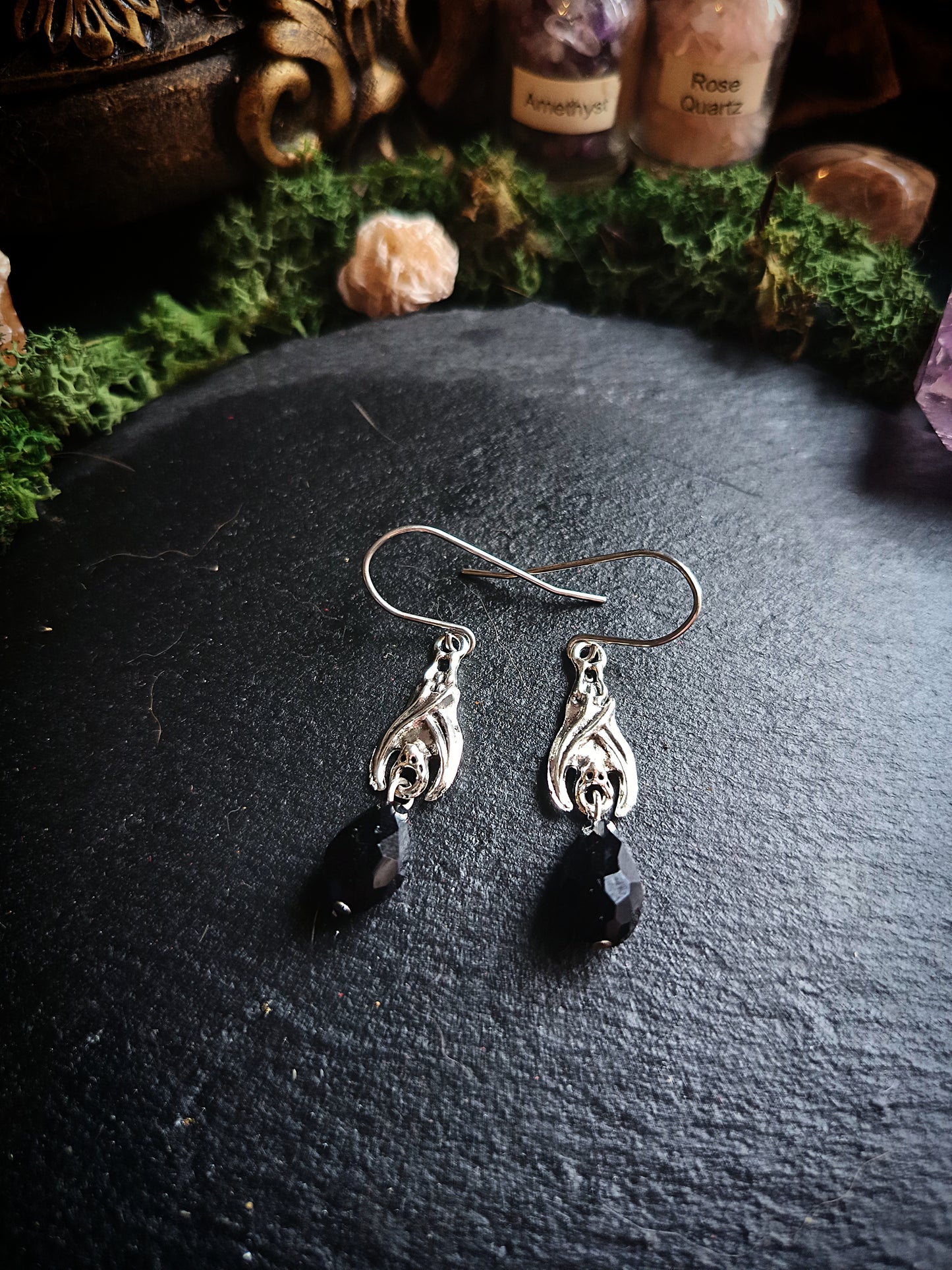 Black Teardrop Bat Earrings