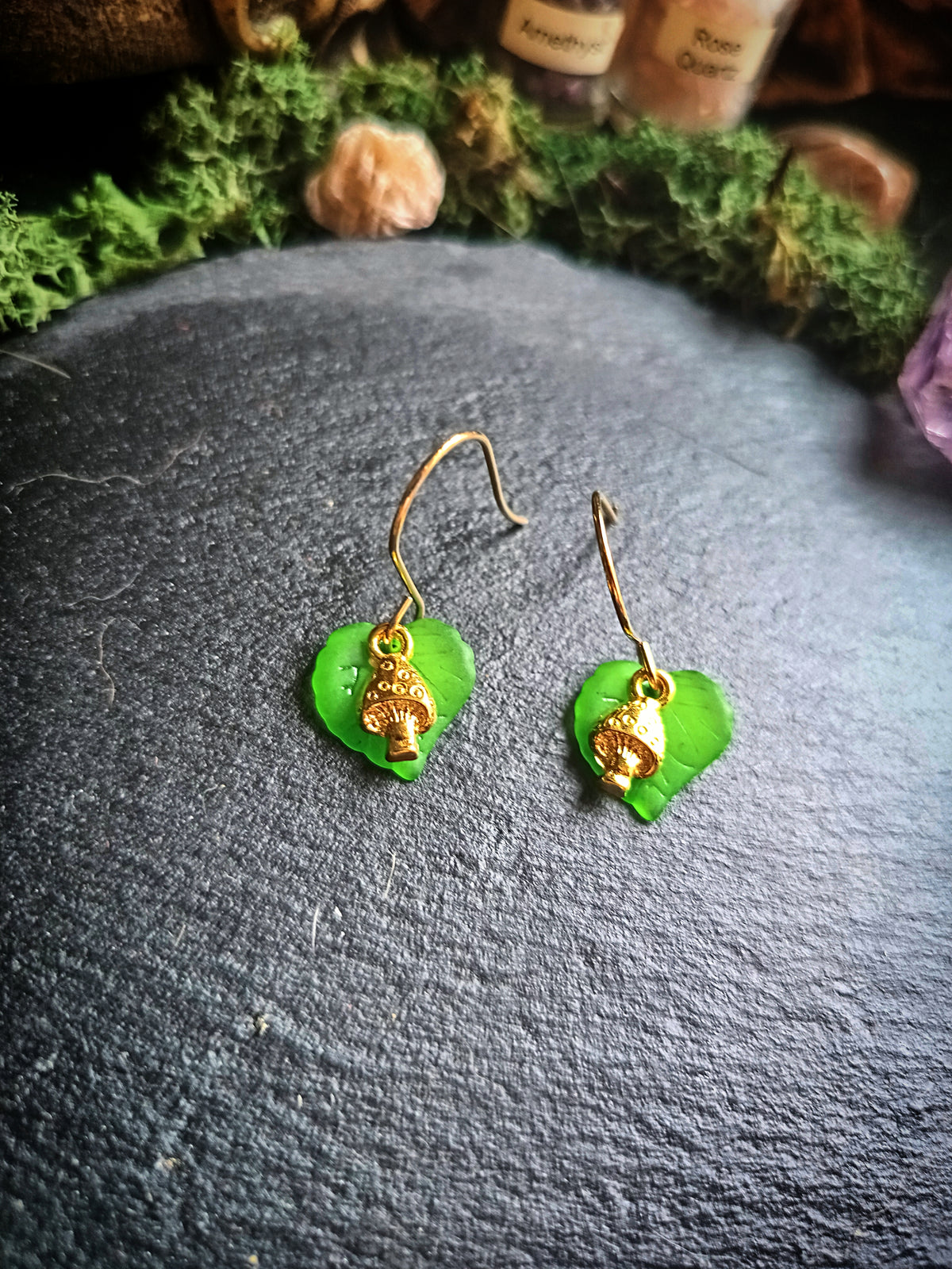 Green and Gold Mini Mushroom and Leaf Earrings