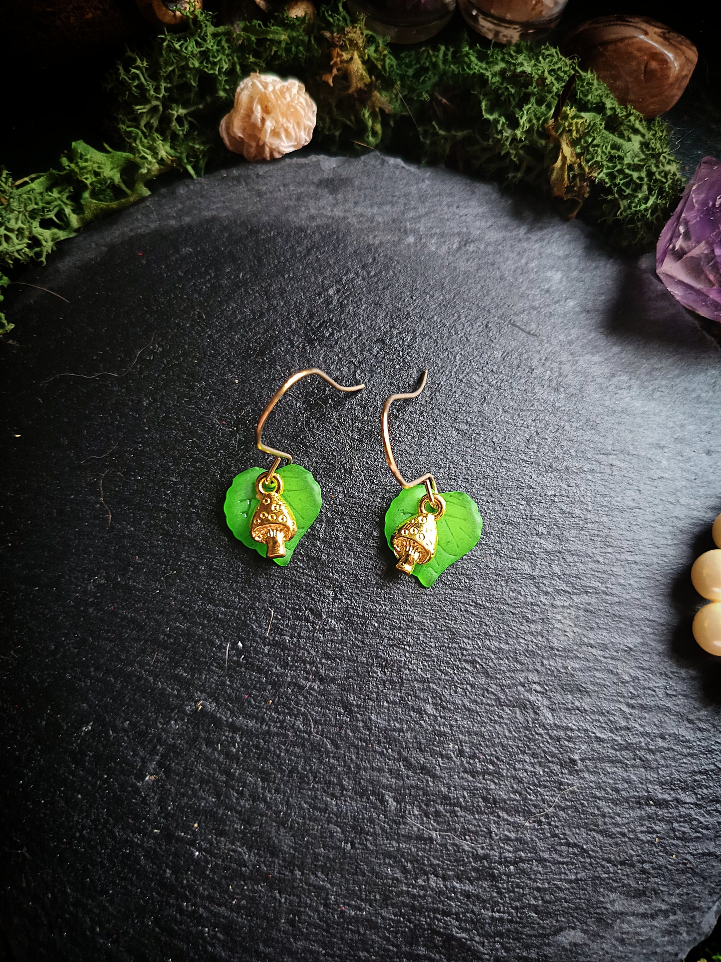 Green and Gold Mini Mushroom and Leaf Earrings