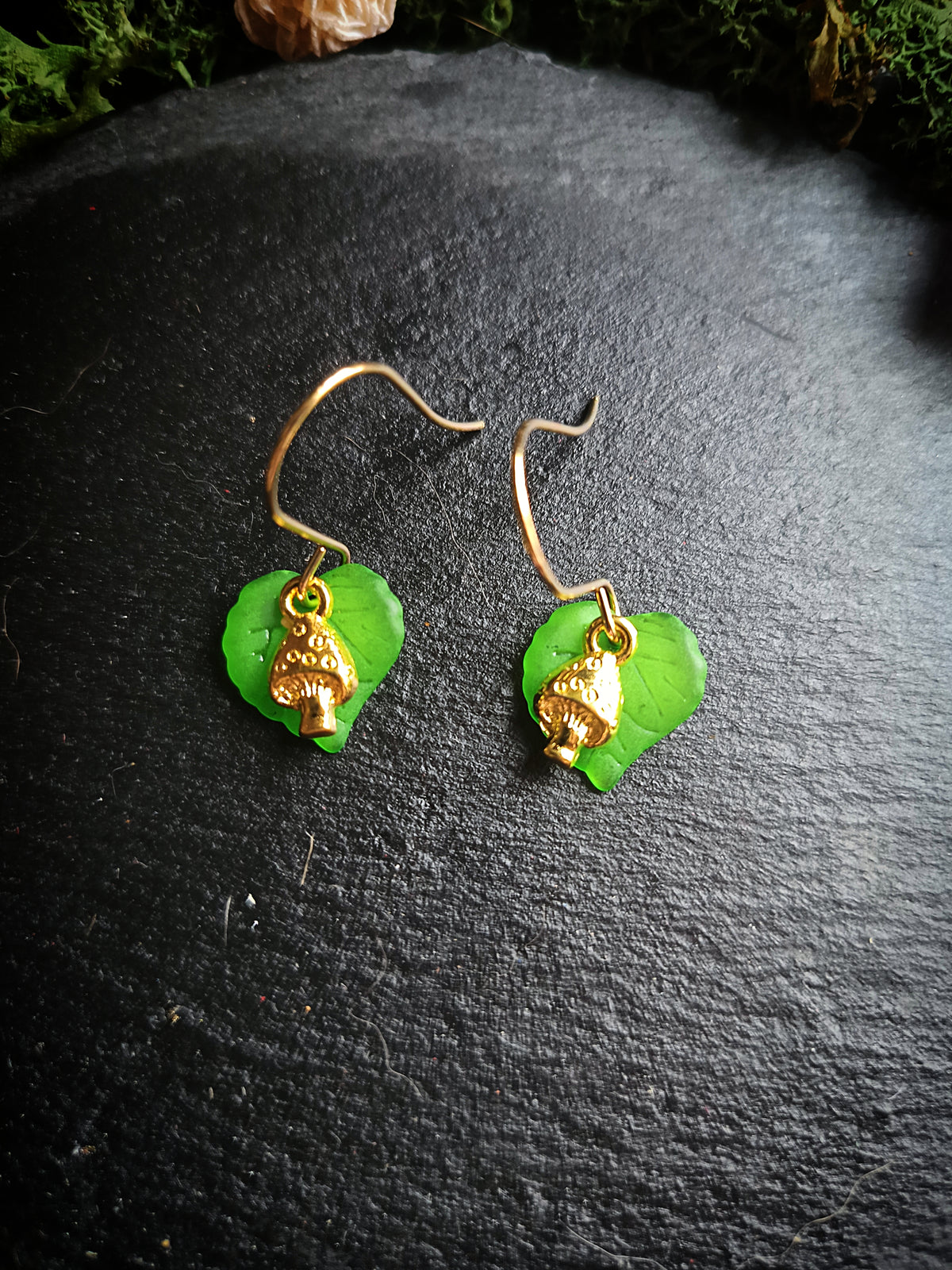 Green and Gold Mini Mushroom and Leaf Earrings