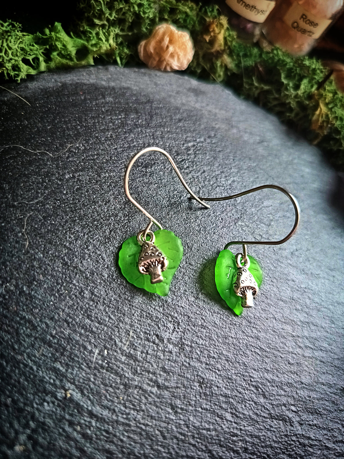 Green and Silver Mini Mushroom and Leaf Earrings