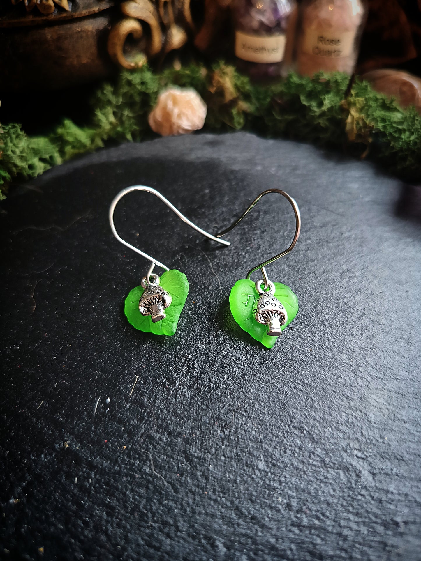 Green and Silver Mini Mushroom and Leaf Earrings