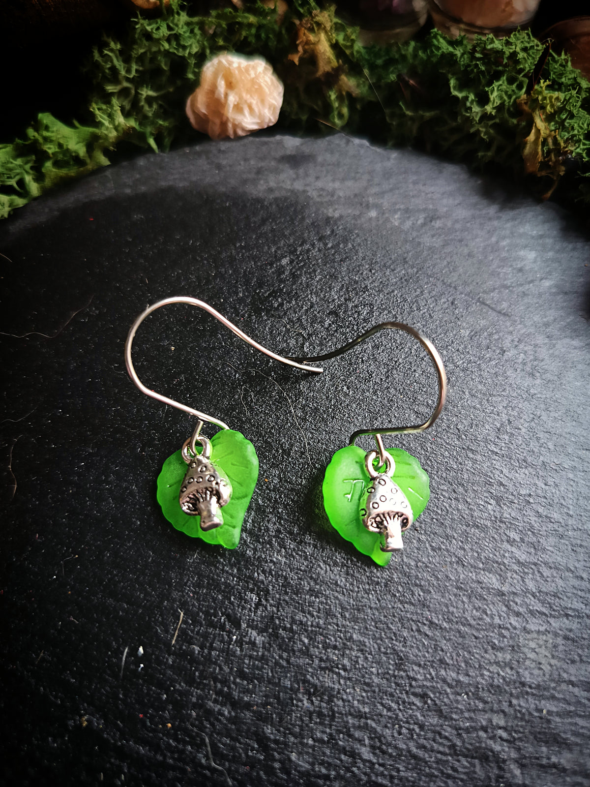 Green and Silver Mini Mushroom and Leaf Earrings