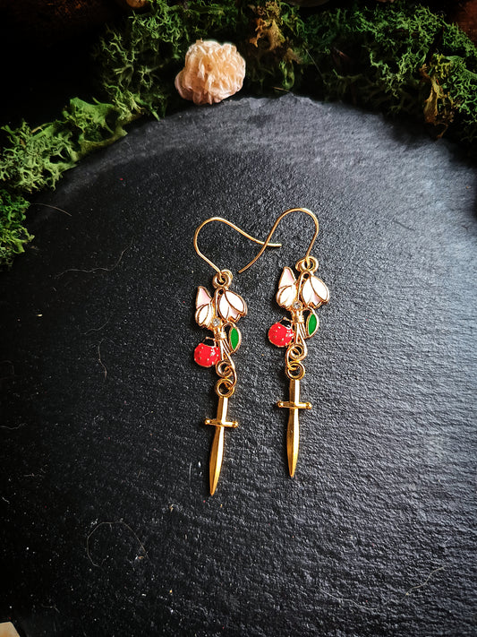 Ladybug and Snowdrops Dagger Earrings