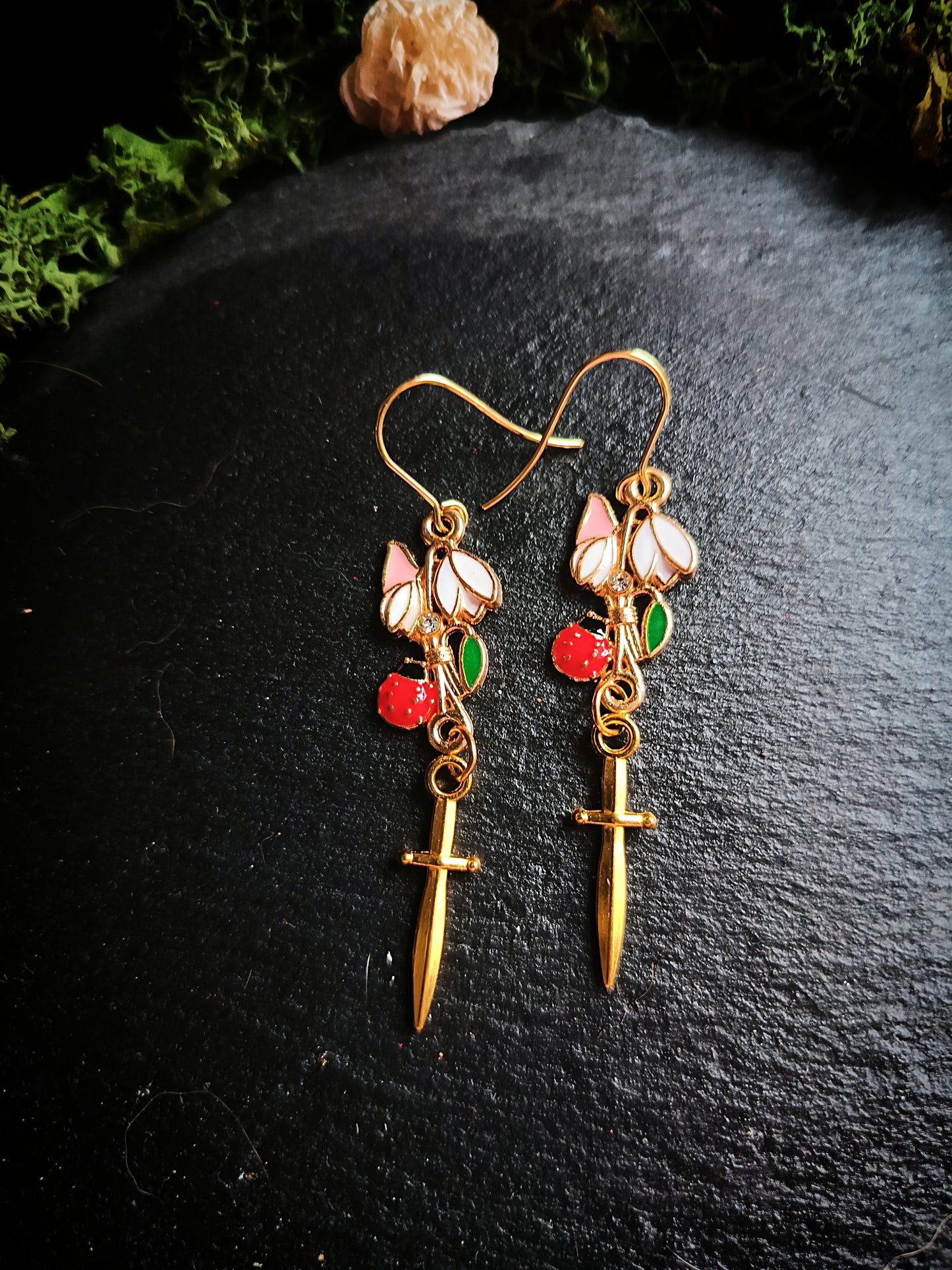 Ladybug and Snowdrops Dagger Earrings
