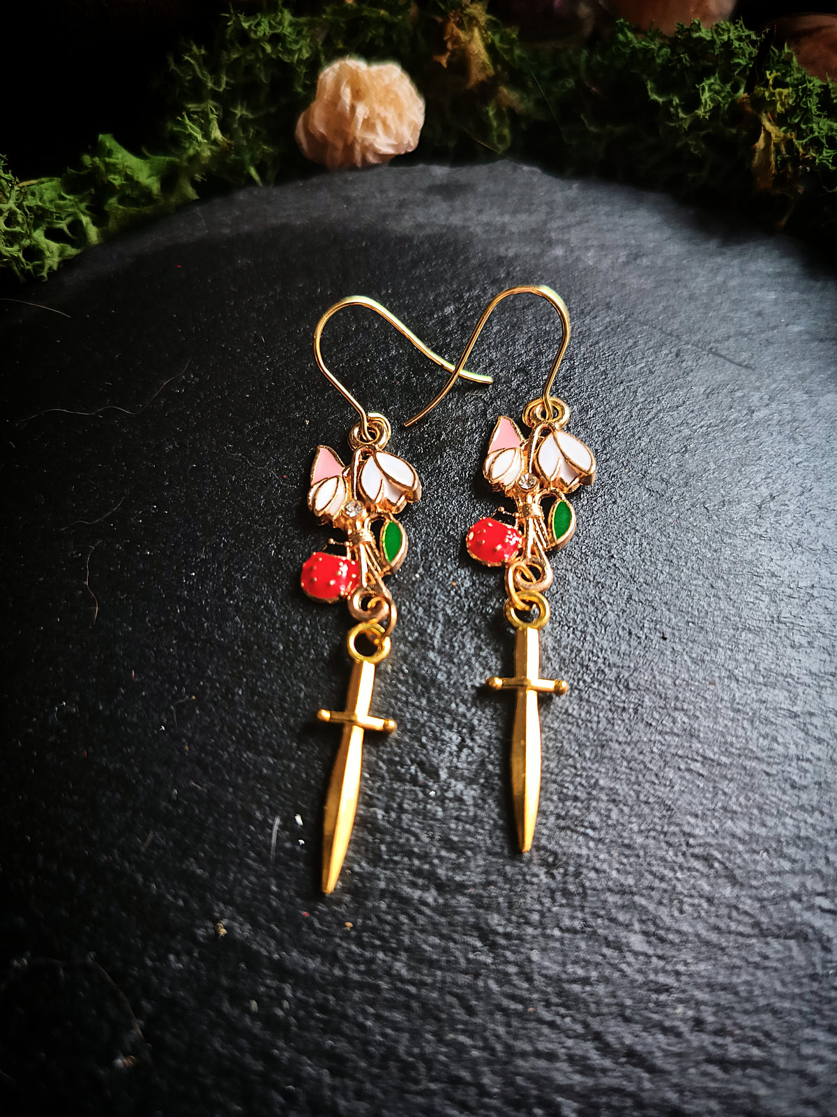 Ladybug and Snowdrops Dagger Earrings