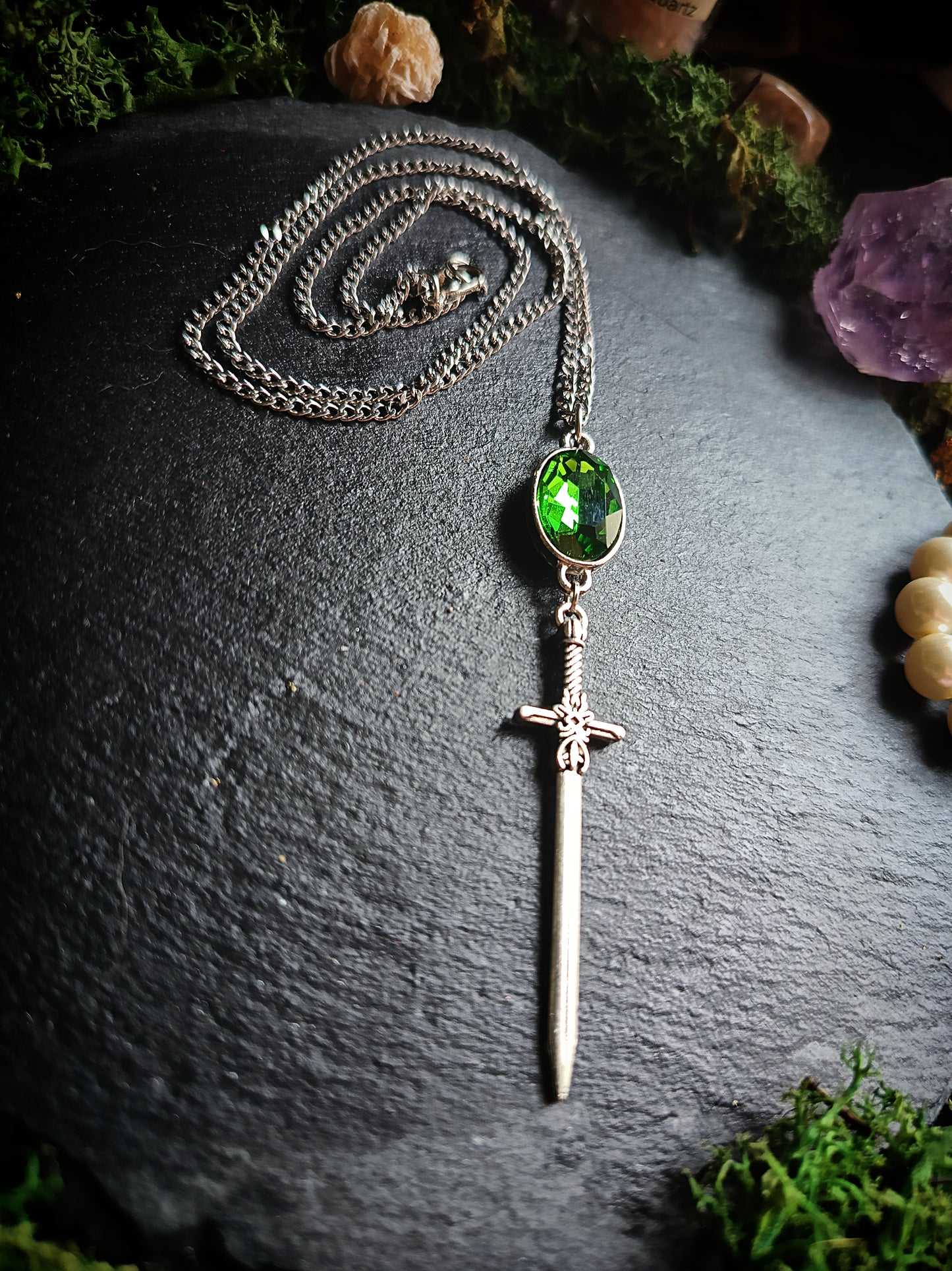 Green Glass Gem Sword Necklace
