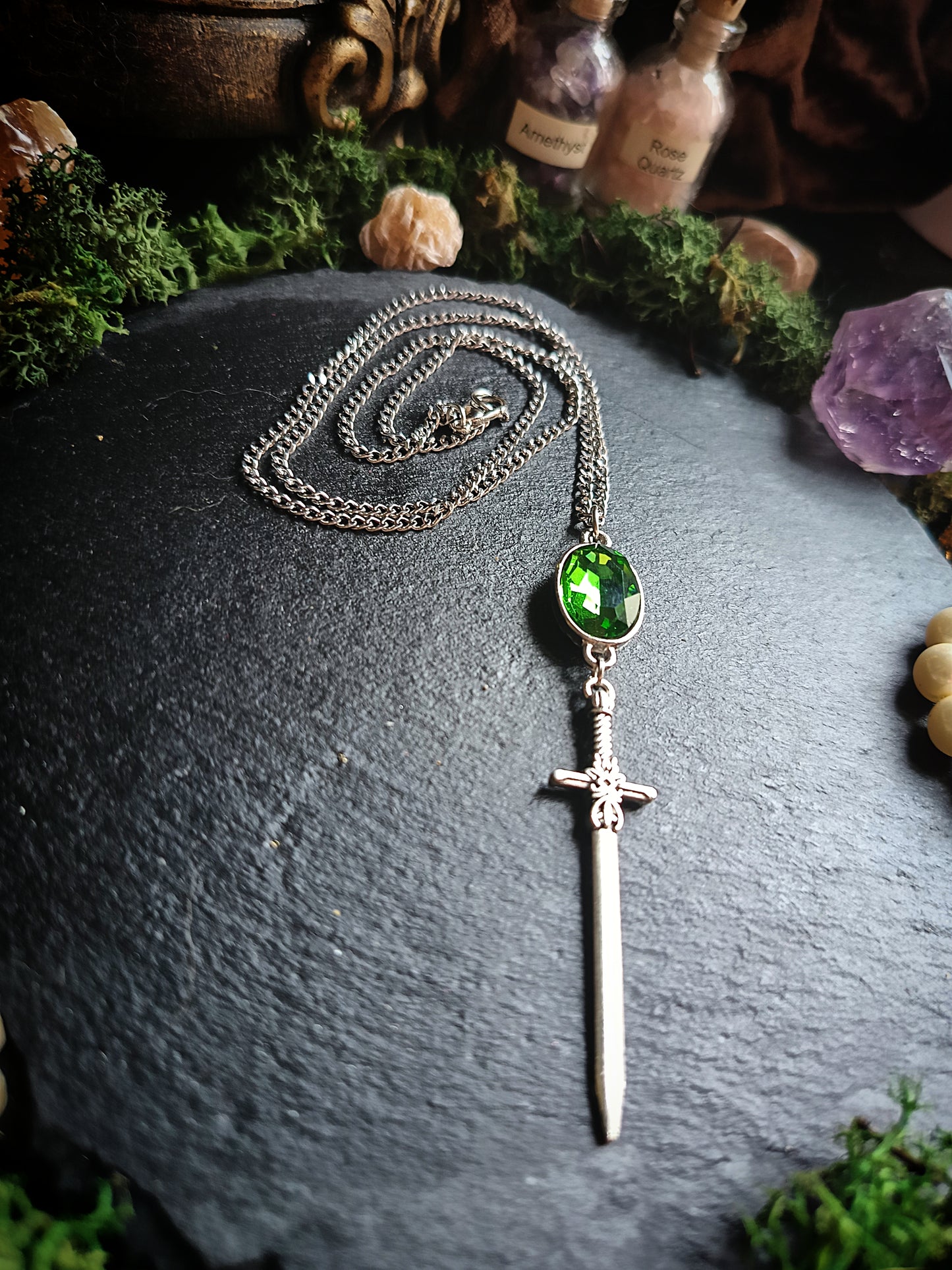 Green Glass Gem Sword Necklace
