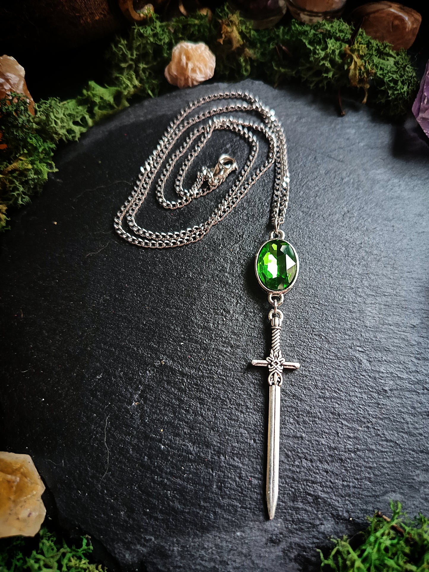Green Glass Gem Sword Necklace