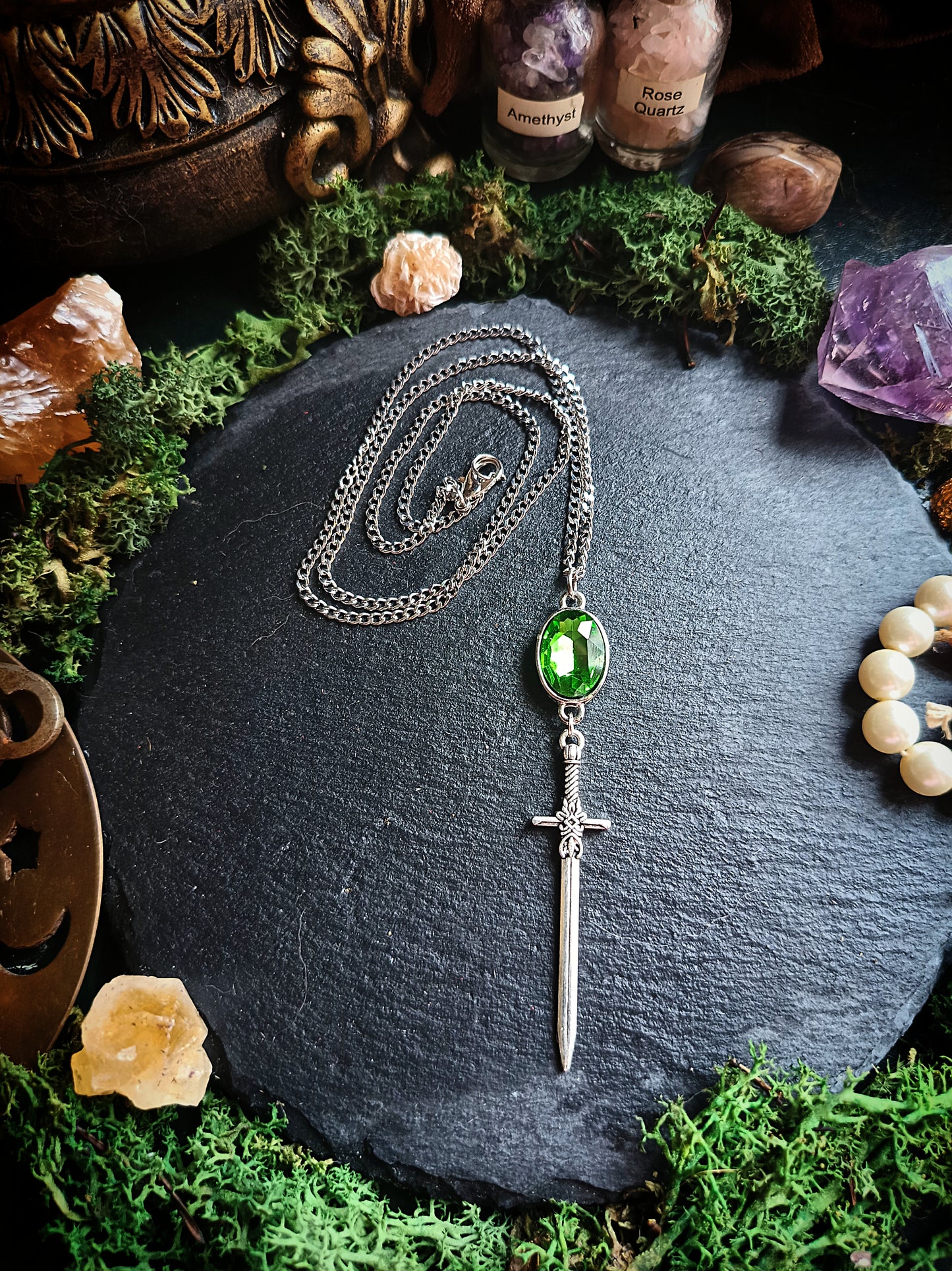Green Glass Gem Sword Necklace