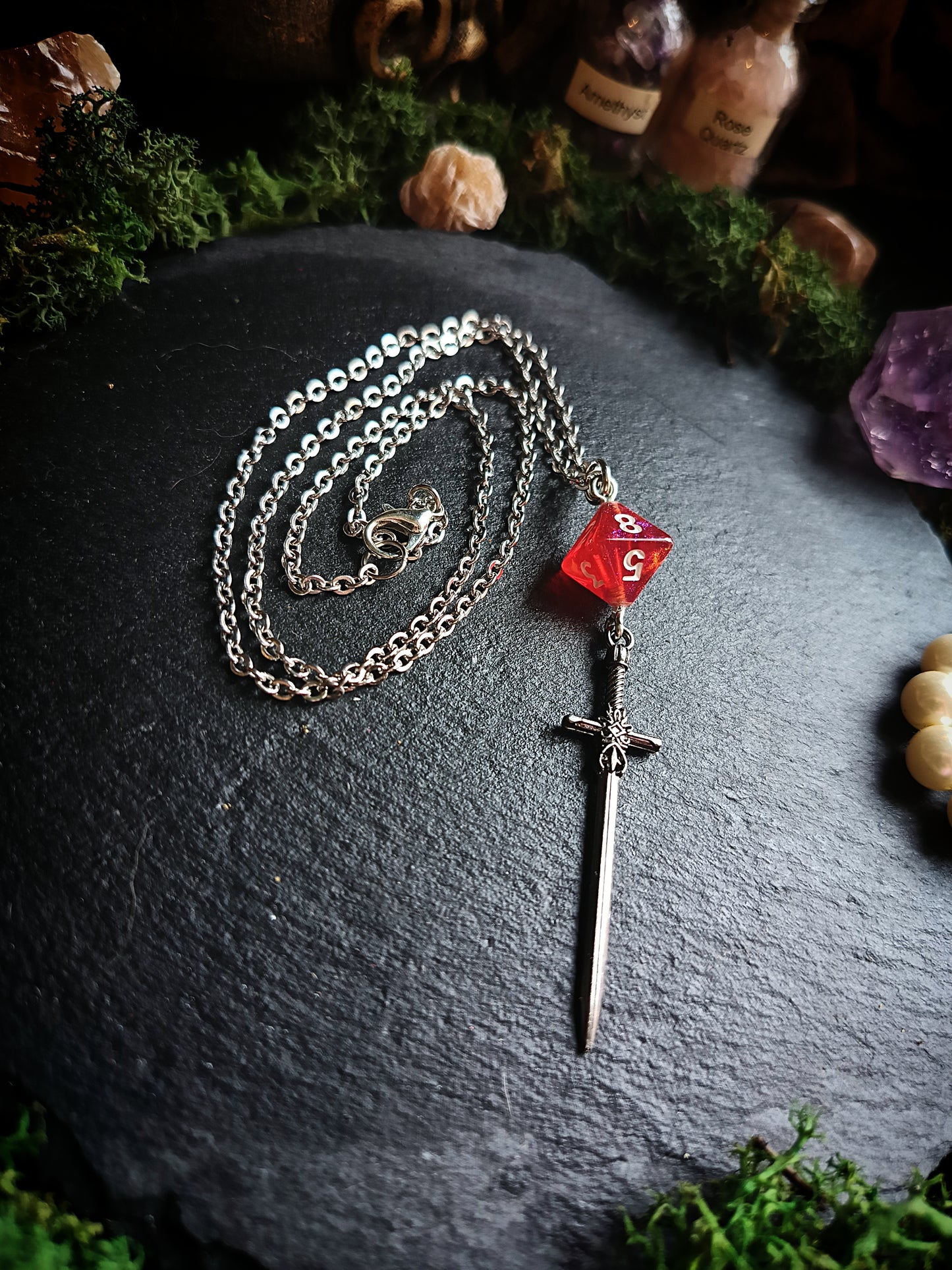 Black and Red d8 Sword Necklace