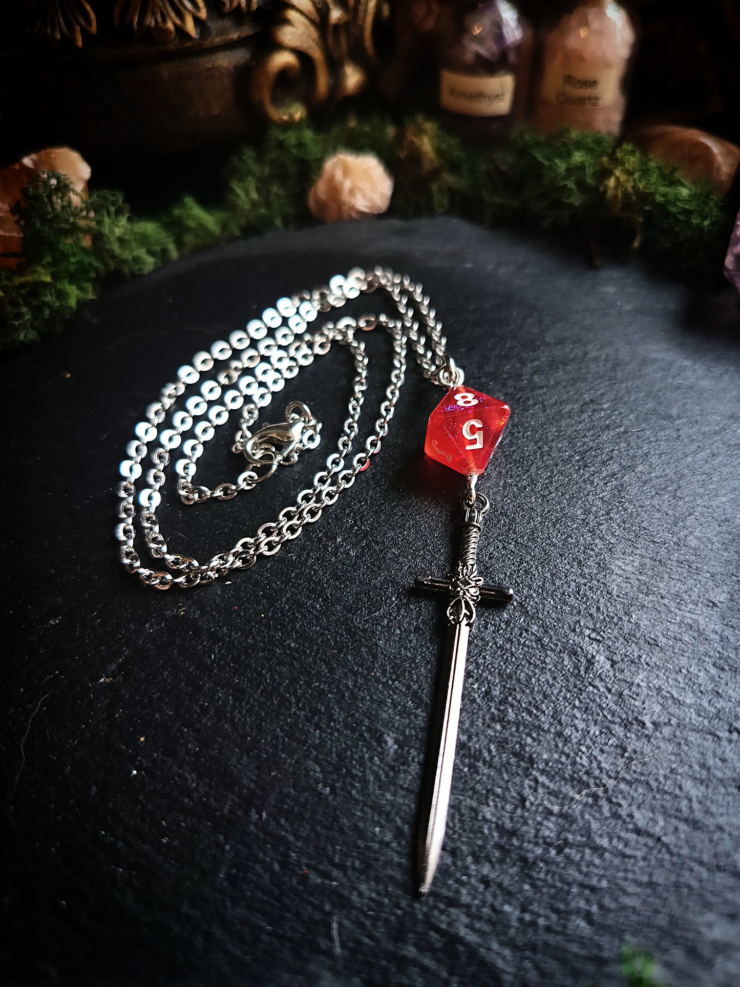 Black and Red d8 Sword Necklace