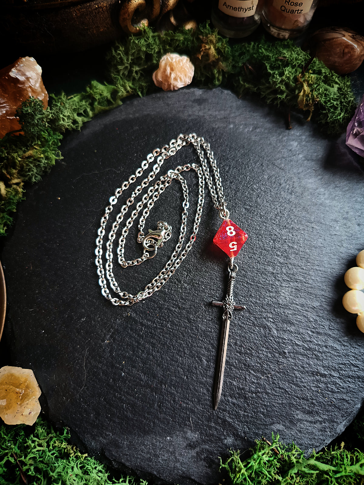 Black and Red d8 Sword Necklace
