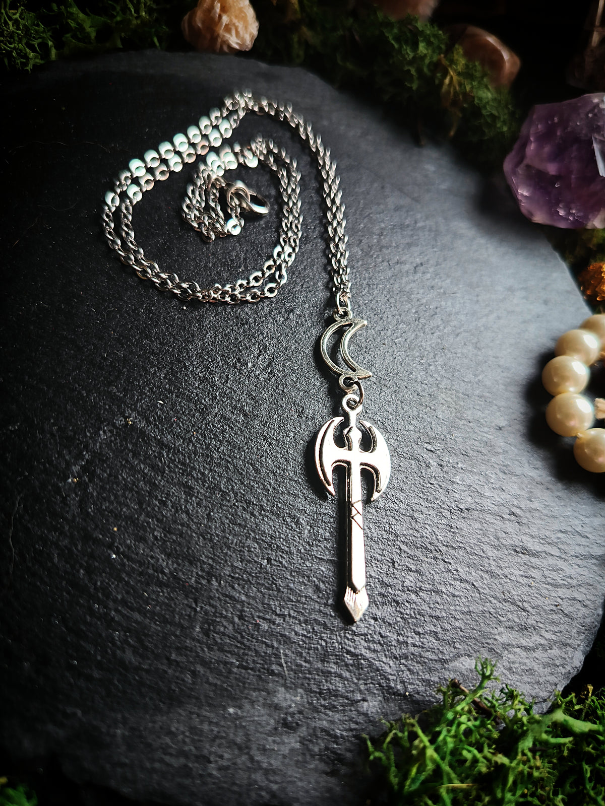 Crescent Moon Axe Necklace