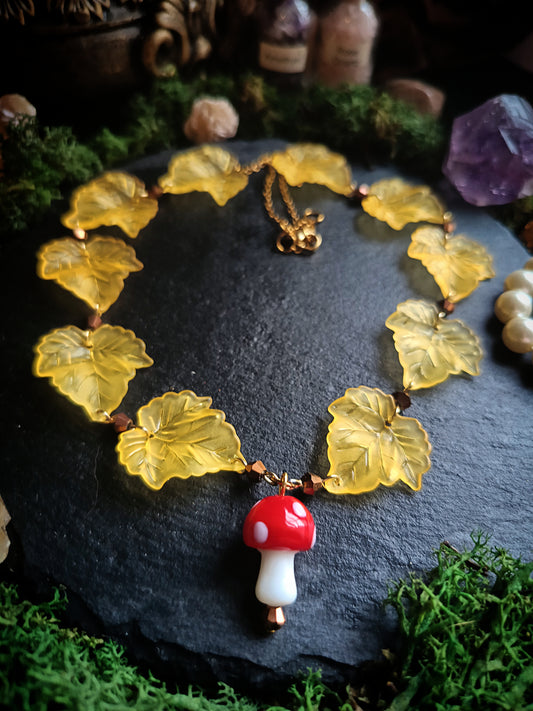 Mushroom Among the Autumn Leaves Necklace