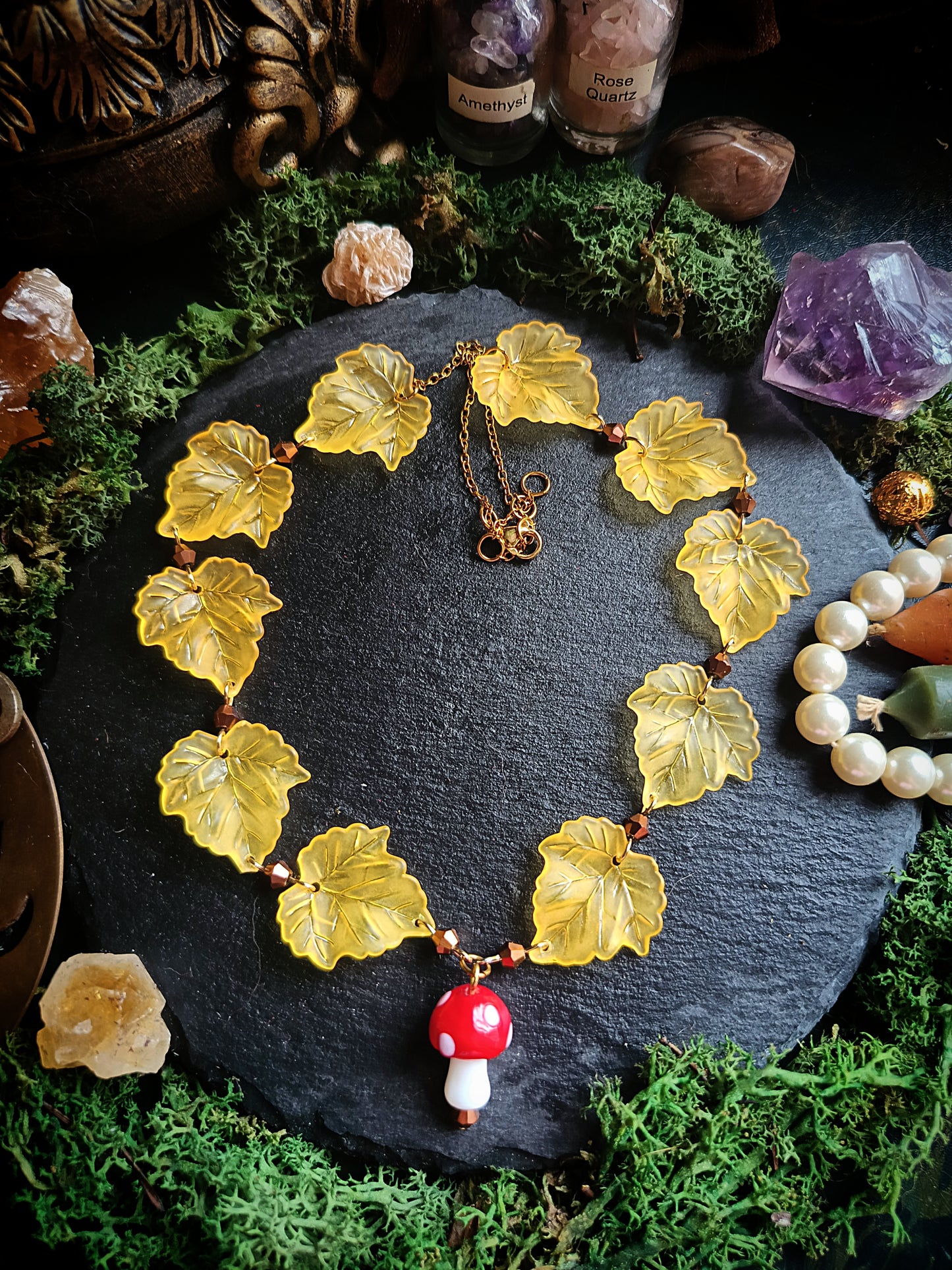 Mushroom Among the Autumn Leaves Necklace
